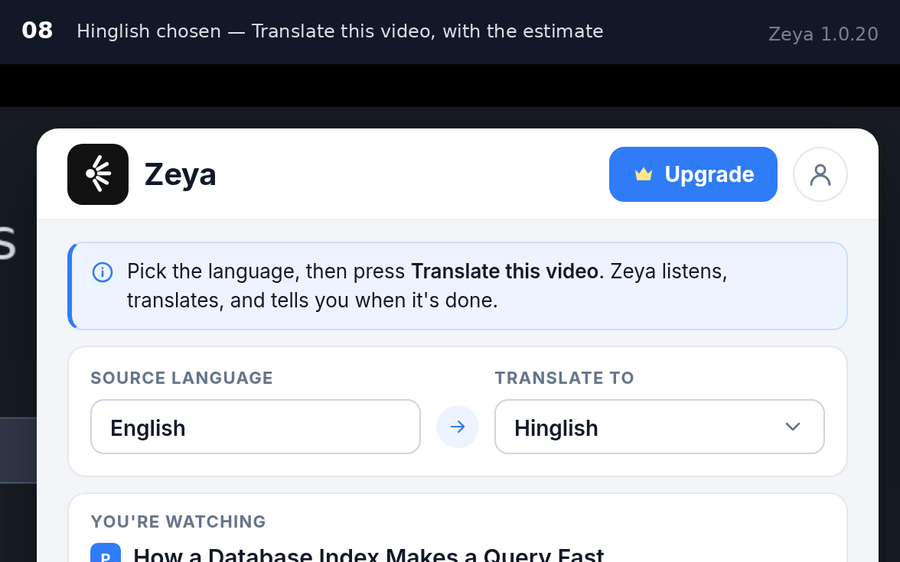 Hinglish chosen — Translate this video, with the time it takes